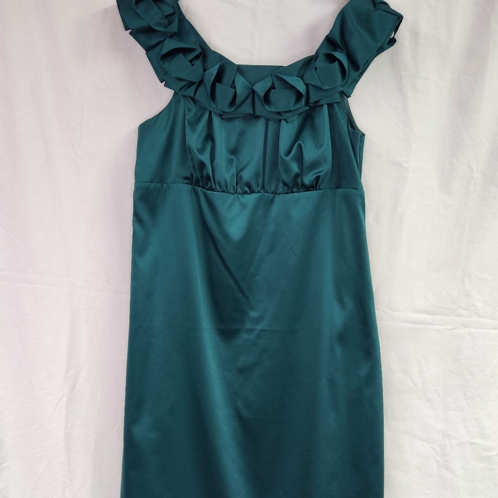 Teal Satin ruffled neckline dress